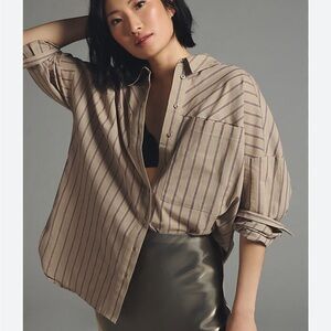BOGO! Anthropologie Pilcro Boyfriend Button Down Oversized Tan Stripe Size XS
